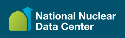 National Nuclear Data Center logo with a green house and blue arrow icon on a blue background, next to the organizations name in white text.