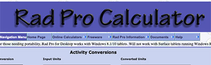 Screenshot of the Rad Pro Calculator website homepage, displaying the site’s header and navigation menu for calculators and resources.
