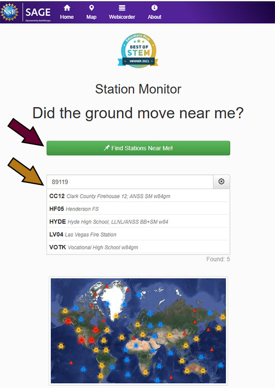 A webpage titled Station Monitor asks, Did the ground move near me? with a search bar, list of locations, and a world map with colored markers.