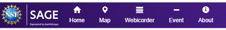 Purple website navigation bar with NSF SAGE logo and menu options: Home, Map, Webicorder, Event, and About.