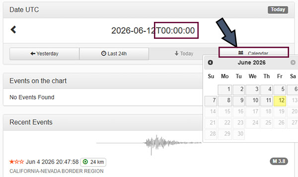 Screenshot of an earthquake data website showing a date set to June 12, 2026, with a drop-down calendar and a recent earthquake listed from June 4, 2026.