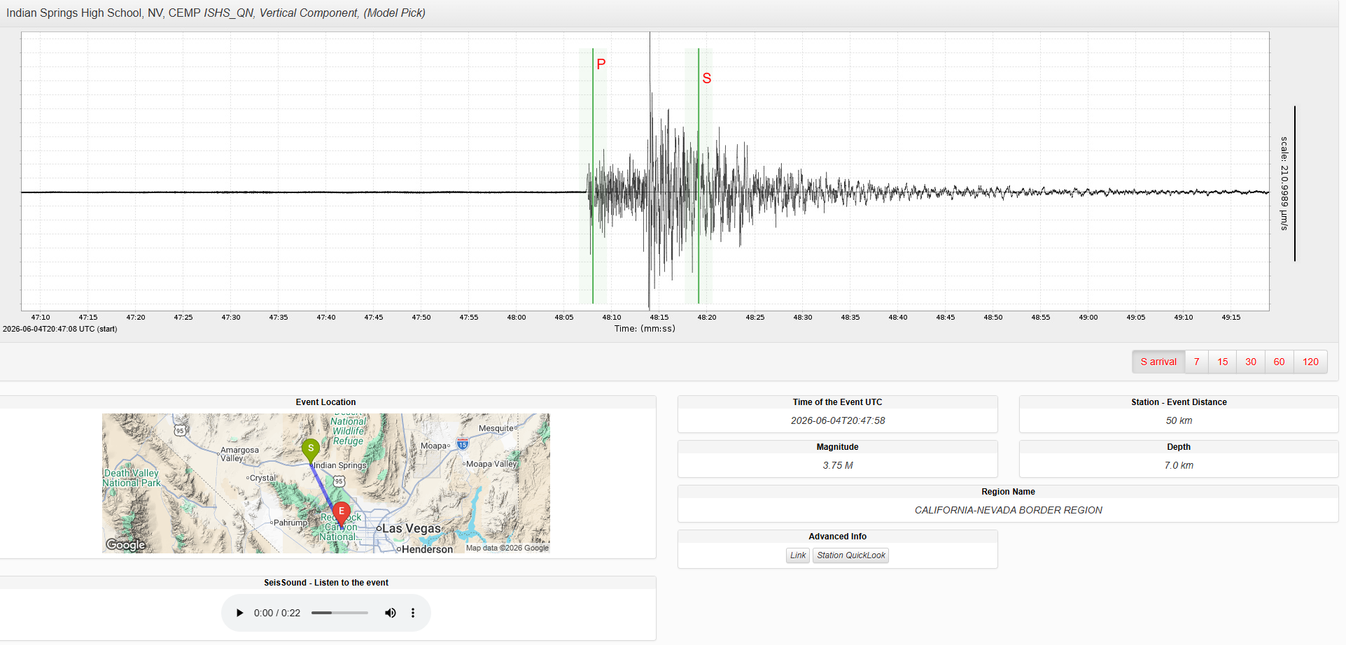 A seismograph showing earthquake P and S wave arrivals, with event location marked on a map near Las Vegas; event details and playback controls are displayed below.