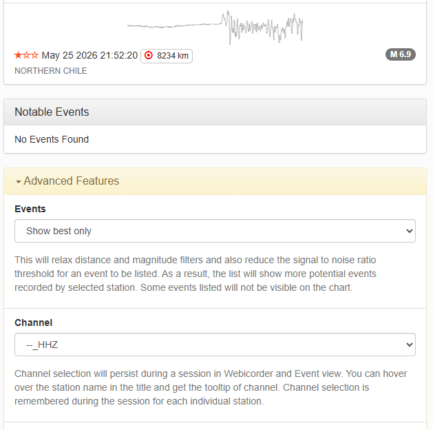 Seismic event detected in Northern Chile on May 25, 2026, magnitude 6.9; event details and filter options displayed in a web interface.