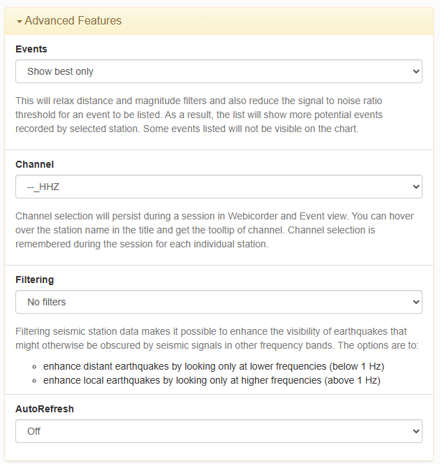 Screenshot of the Advanced Features section in a web interface, showing dropdown menus and descriptions for Events, Channel, Filtering, and AutoRefresh settings.